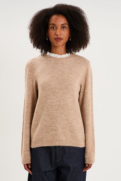 Pull 2 en 1 col rond broderie anglaise beige femme