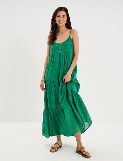 Robe longue &agrave; volants fines bretelles vert canard femme
