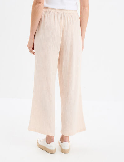 Pantalon fluide élastiqué gaze de coton beige femme