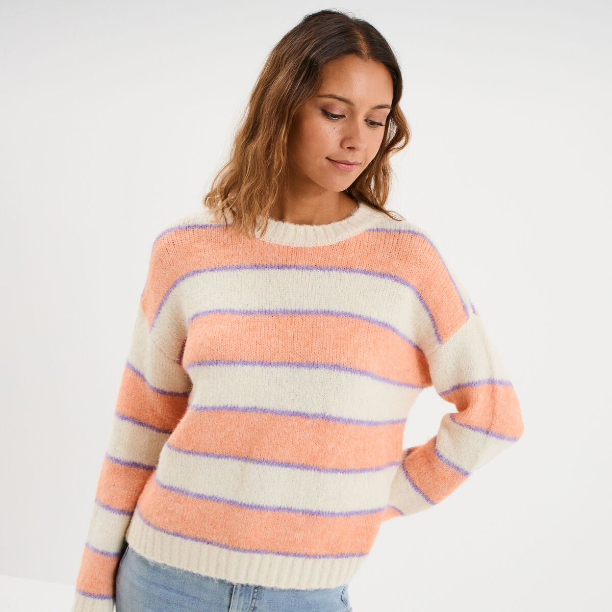 Pull col rond manches longues ecru femme