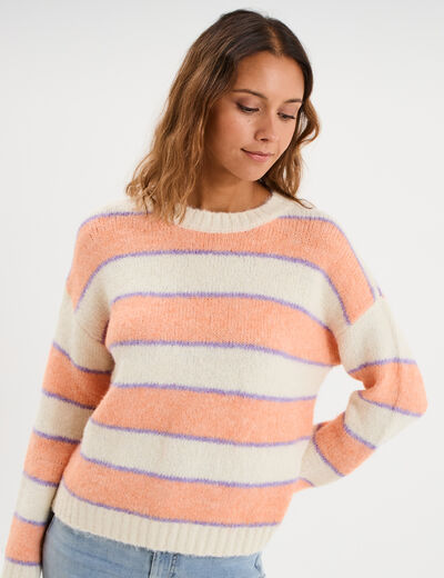 Pull col rond manches longues ecru femme