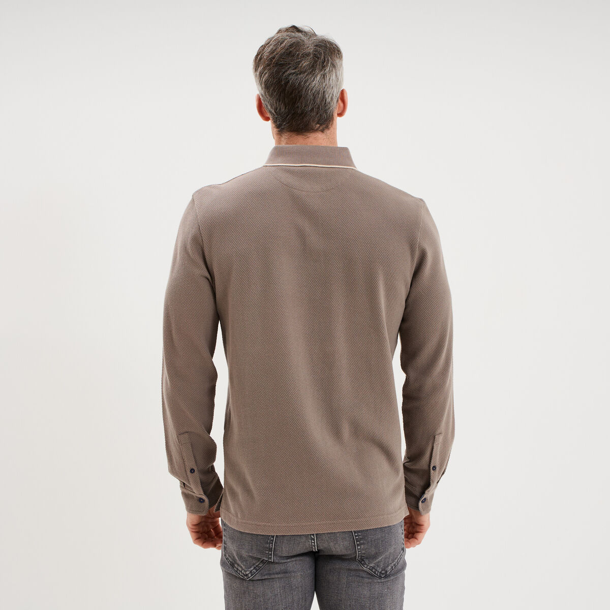 Polo piqu&eacute; droit manches longues coton gris homme