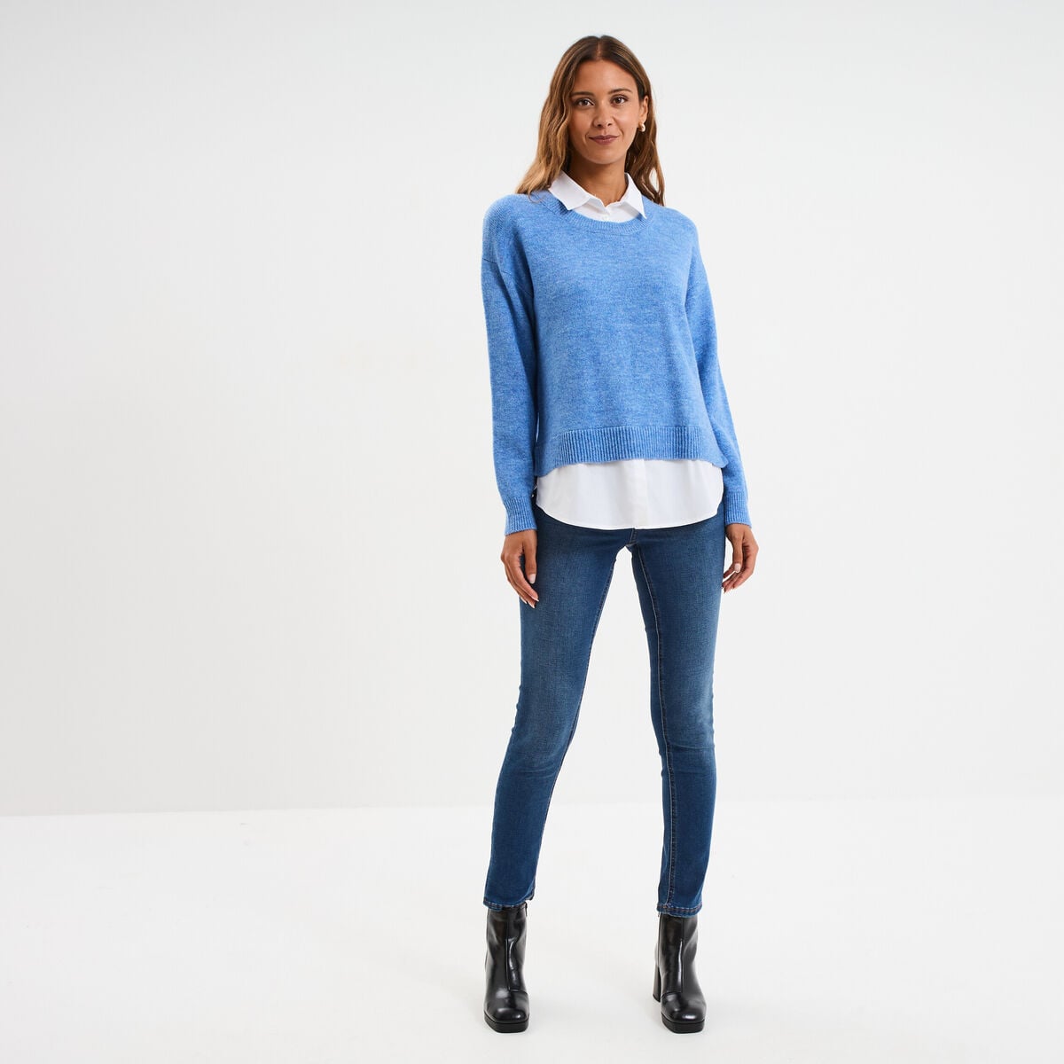 Pull effet 2-en-1 chemise bleu clair femme