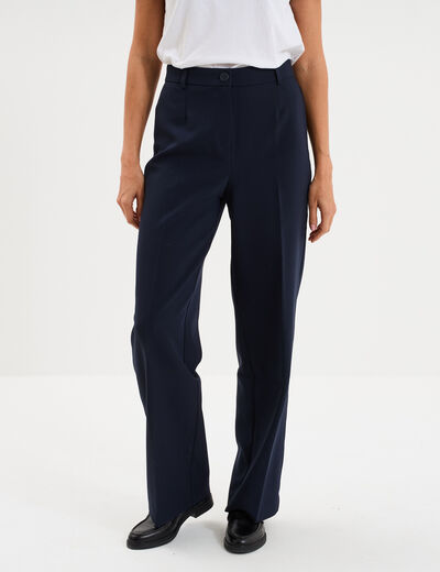Pantalon droit avec pinces bleu fonc&eacute; femme