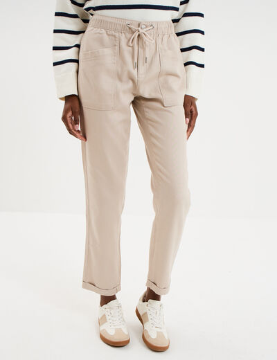 Pantalon mom taille &eacute;lastiqu&eacute;e beige femme