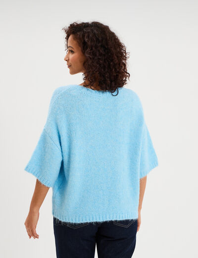 Pull col rond manches courtes bleu clair femme