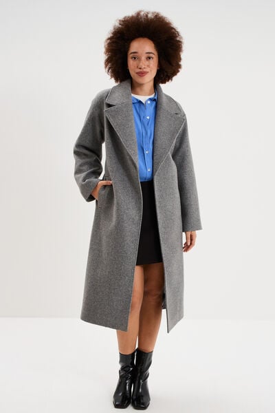 Manteau long oversize ceintur&eacute; gris femme