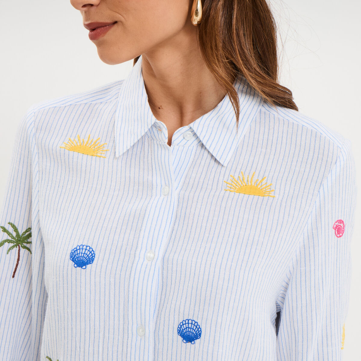 Chemise brod&eacute;e manches longues blanc femme