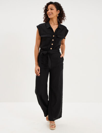 Combinaison pantalon lin m&eacute;lang&eacute; noir femme