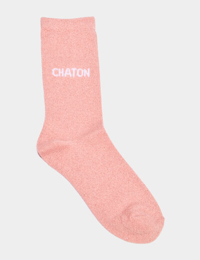 Chaussettes &agrave; fils m&eacute;tallis&eacute;s mi-hautes rose poudr&eacute;e femme
