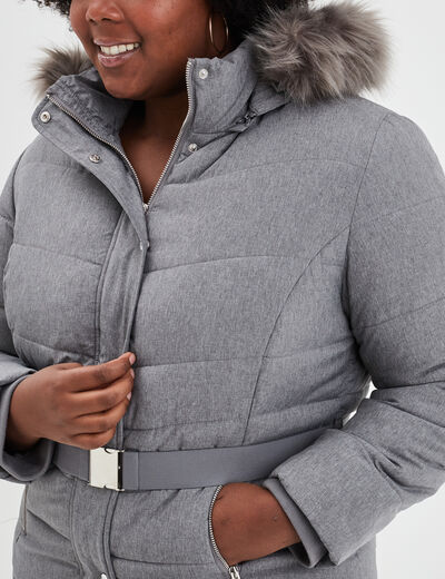 Doudoune capuche fausse fourrure gris clair femme grande taille