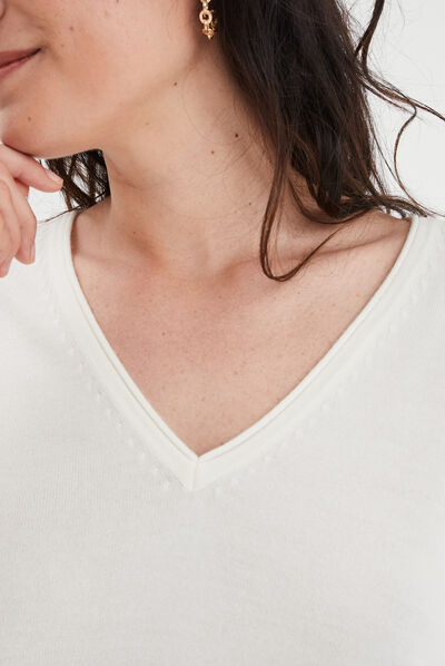 Pull col en V manches longues blanc femme