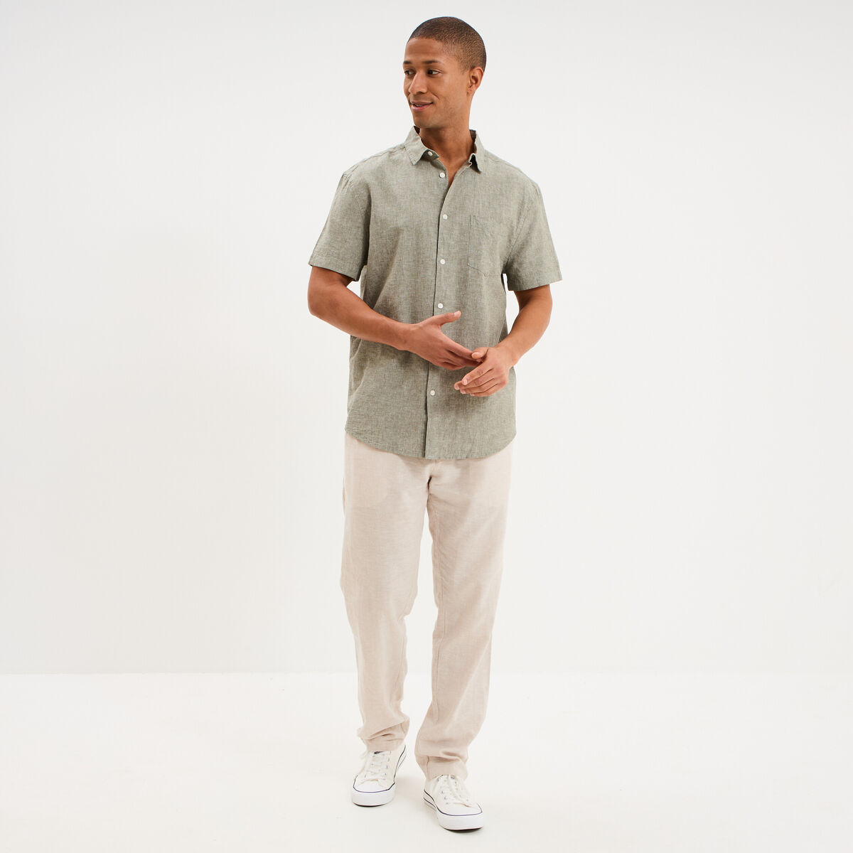 Chemise manches courtes lin m&eacute;lang&eacute; vert kaki homme