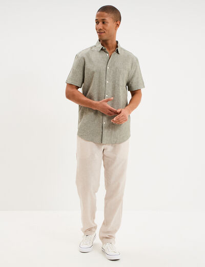 Chemise manches courtes lin m&eacute;lang&eacute; vert kaki homme