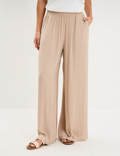 Pantalon large effet satin&eacute; &eacute;lastiqu&eacute; beige femme