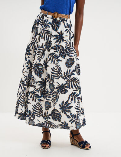 Jupe longue gaze de coton ceintur&eacute;e ecru femme