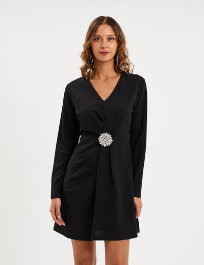 Robe drap&eacute;e d&eacute;tail broche noir femme