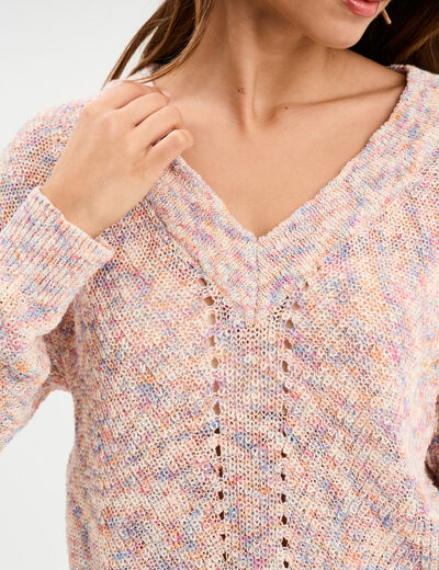 Pull col en V manches longues multicolore femme