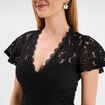 Robe midi col V dentelle et volants noir femme