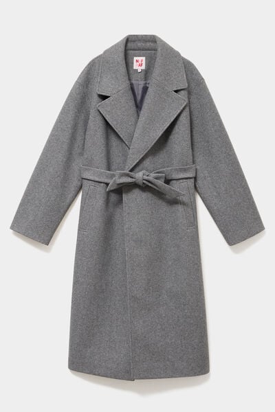 Manteau long oversize ceintur&eacute; gris femme