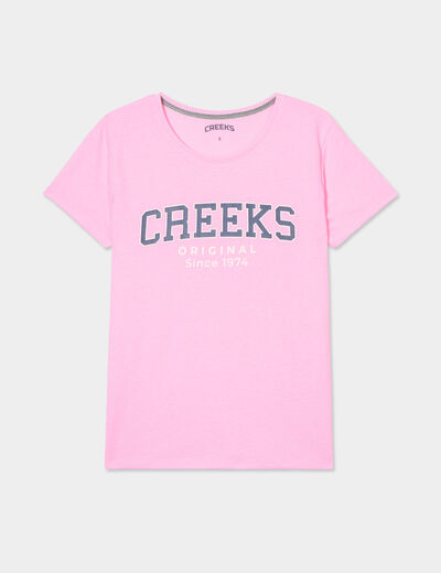 T-shirt col rond manches courtes Creeks rose fluo femme