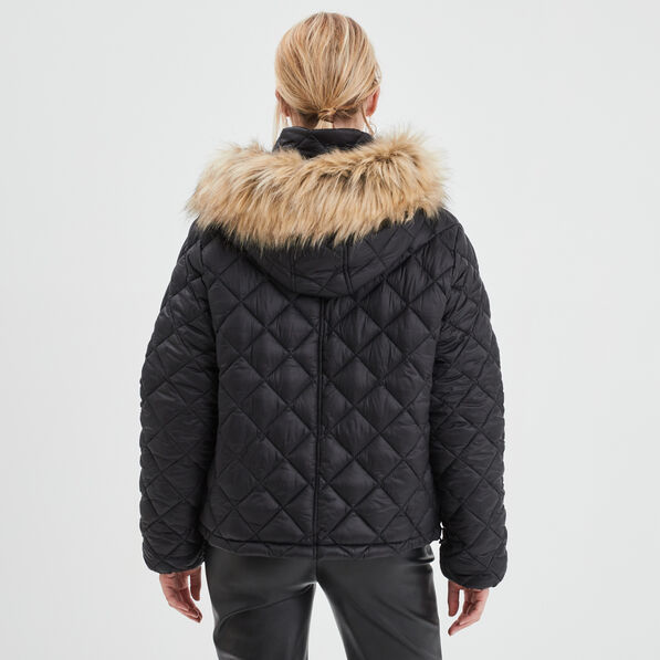 Doudoune matelassée à capuche fourrure noir femme