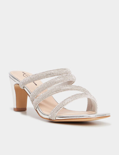 Mules &agrave; talons brides &agrave; strass Mosquitos gris argent femme
