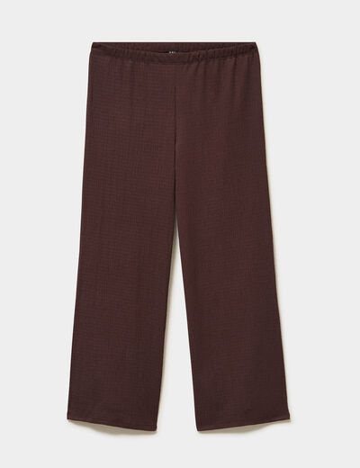 Pantalon large gaufr&eacute; taille &eacute;lastiqu&eacute;e marron fonc&eacute; femme