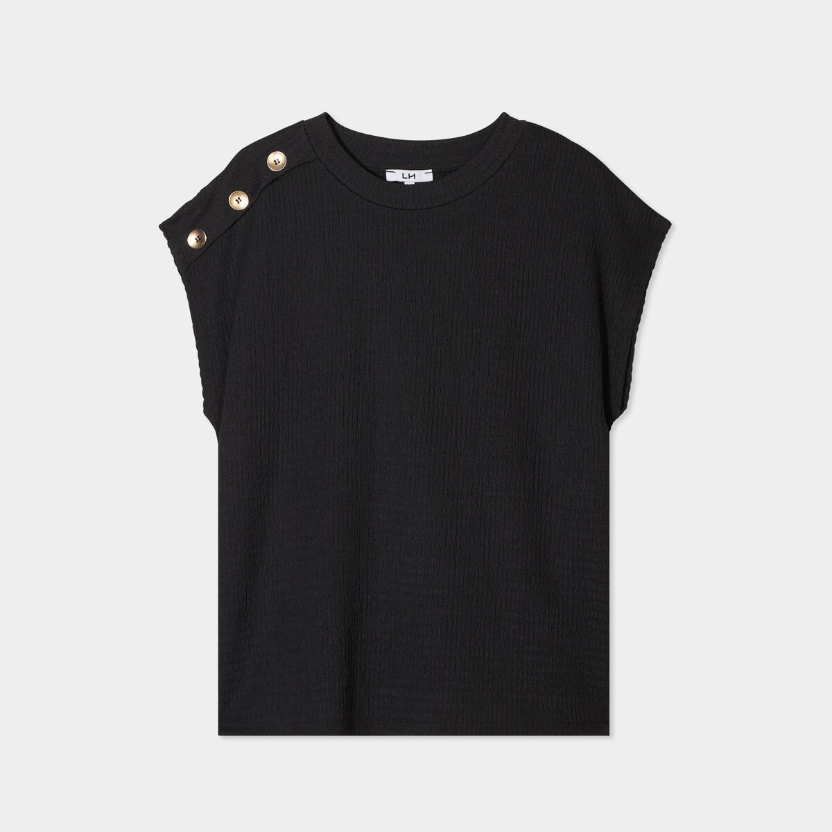 T-shirt gaufr&eacute; col rond avec boutons noir femme