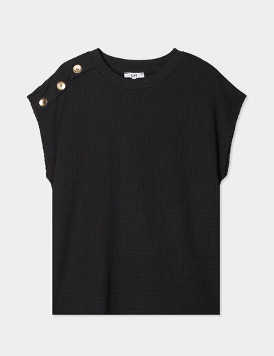 T-shirt gaufr&eacute; col rond avec boutons noir femme