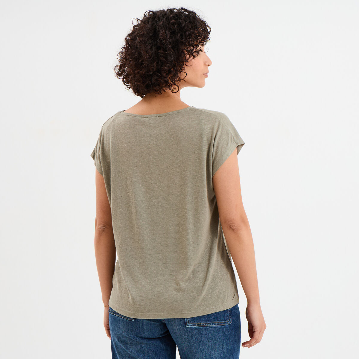 T-shirt manches courtes lin mélangé vert kaki femme