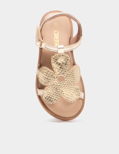 Sandales en cuir fleur bride scratch jaune or fille