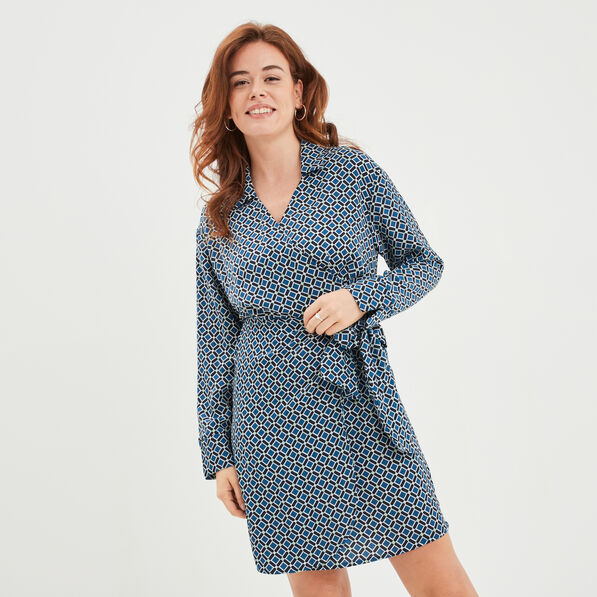Robe col cache-coeur avec noeud bleu foncé femme