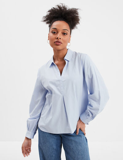 Blouse col en V à revers bleu ciel femme