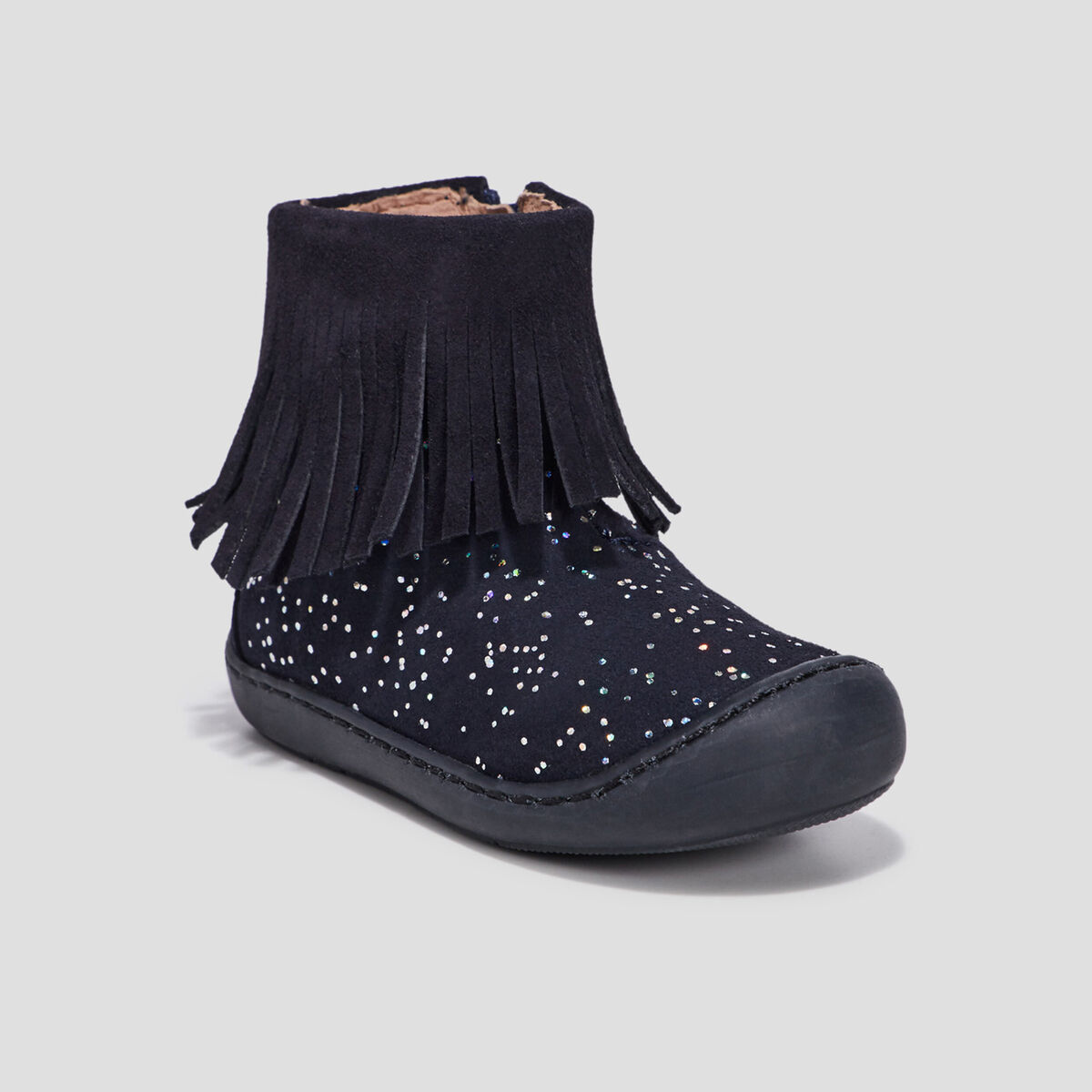 Bottines à franges en cuir bleu marine bébé fille