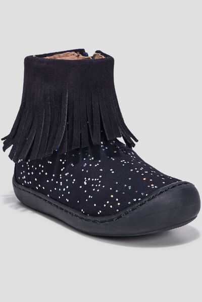 Bottines à franges en cuir bleu marine bébé fille