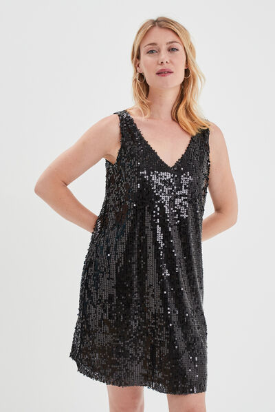 Robe à sequins courte trapèze bretelles noir femme