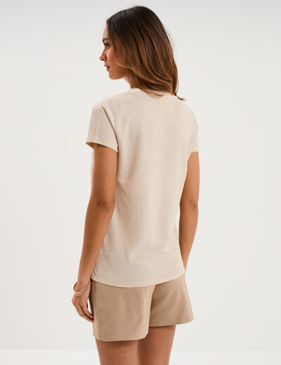 T-shirt col en V manches courtes beige femme