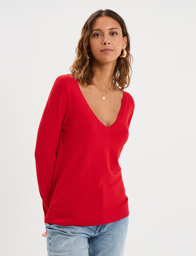 Pull col en V manches longues rouge femme