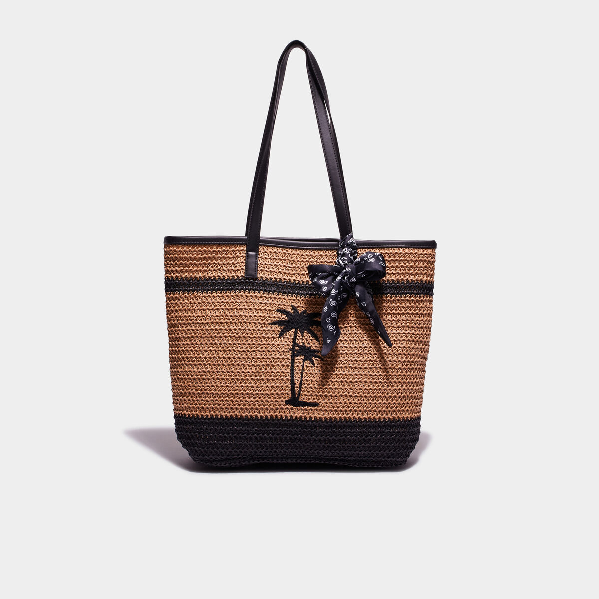 Sac shopping tressé détail noeud marron clair femme