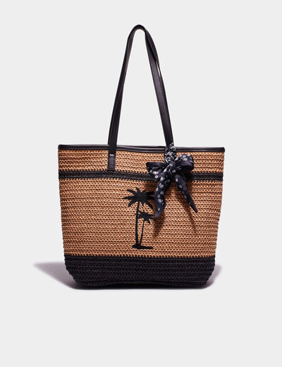 Sac shopping tressé détail noeud marron clair femme