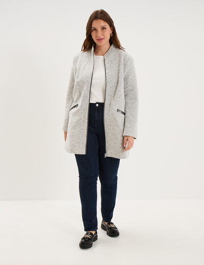 Manteau mi-long droit zipp&eacute; col mao gris clair femme grande taille