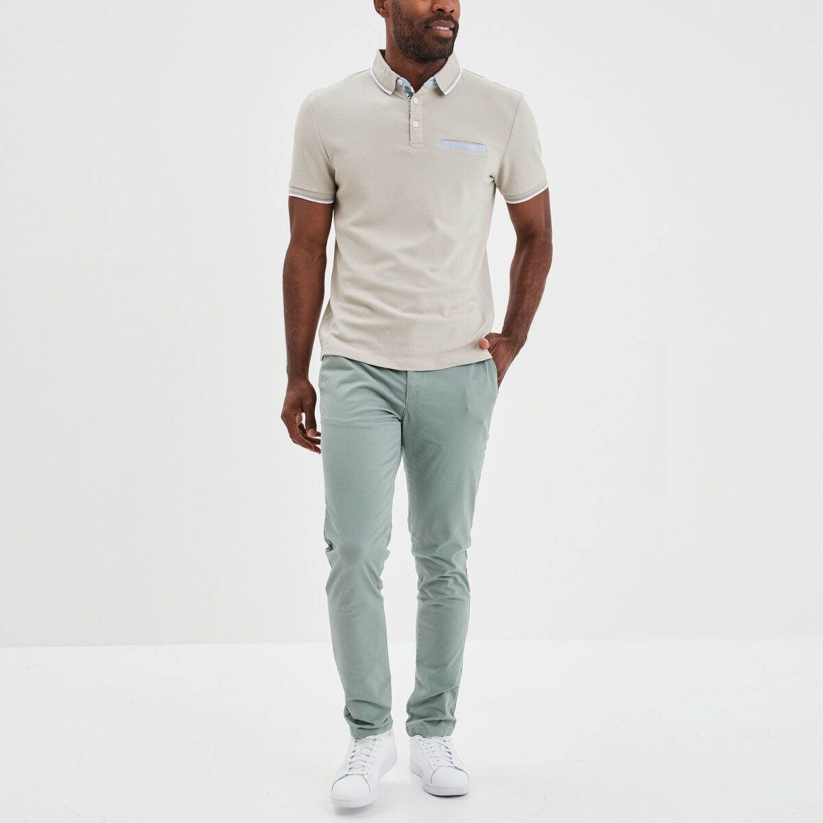 Polo piqu&eacute; manches courtes coton gris clair homme