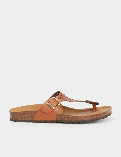Mules détails perforés en cuir marron femme