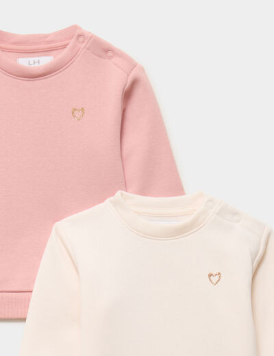 Lot 2 sweats &eacute;paules boutonn&eacute;es rose poudr&eacute;e b&eacute;b&eacute; fille