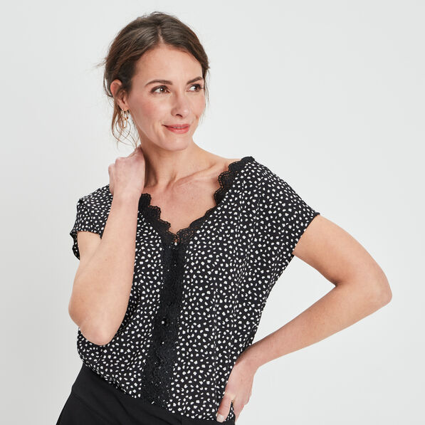 Blouse manches courtes avec dentelle noir femme