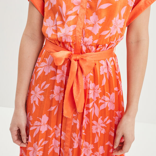 Robe patineuse longue ceinturée orange femme
