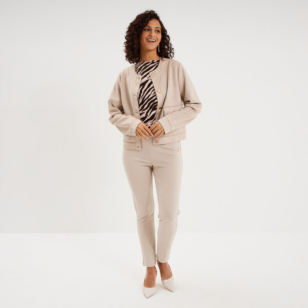 Veste boutonn&eacute;e effet su&eacute;dine beige femme