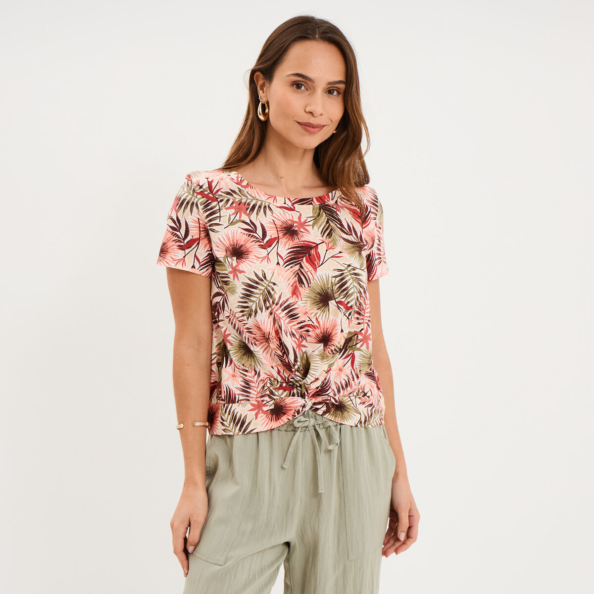 T-shirt taille effet nou&eacute; coton vert kaki femme