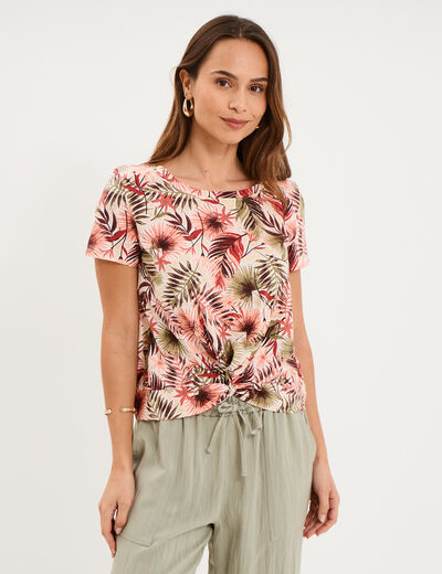 T-shirt taille effet nou&eacute; coton vert kaki femme